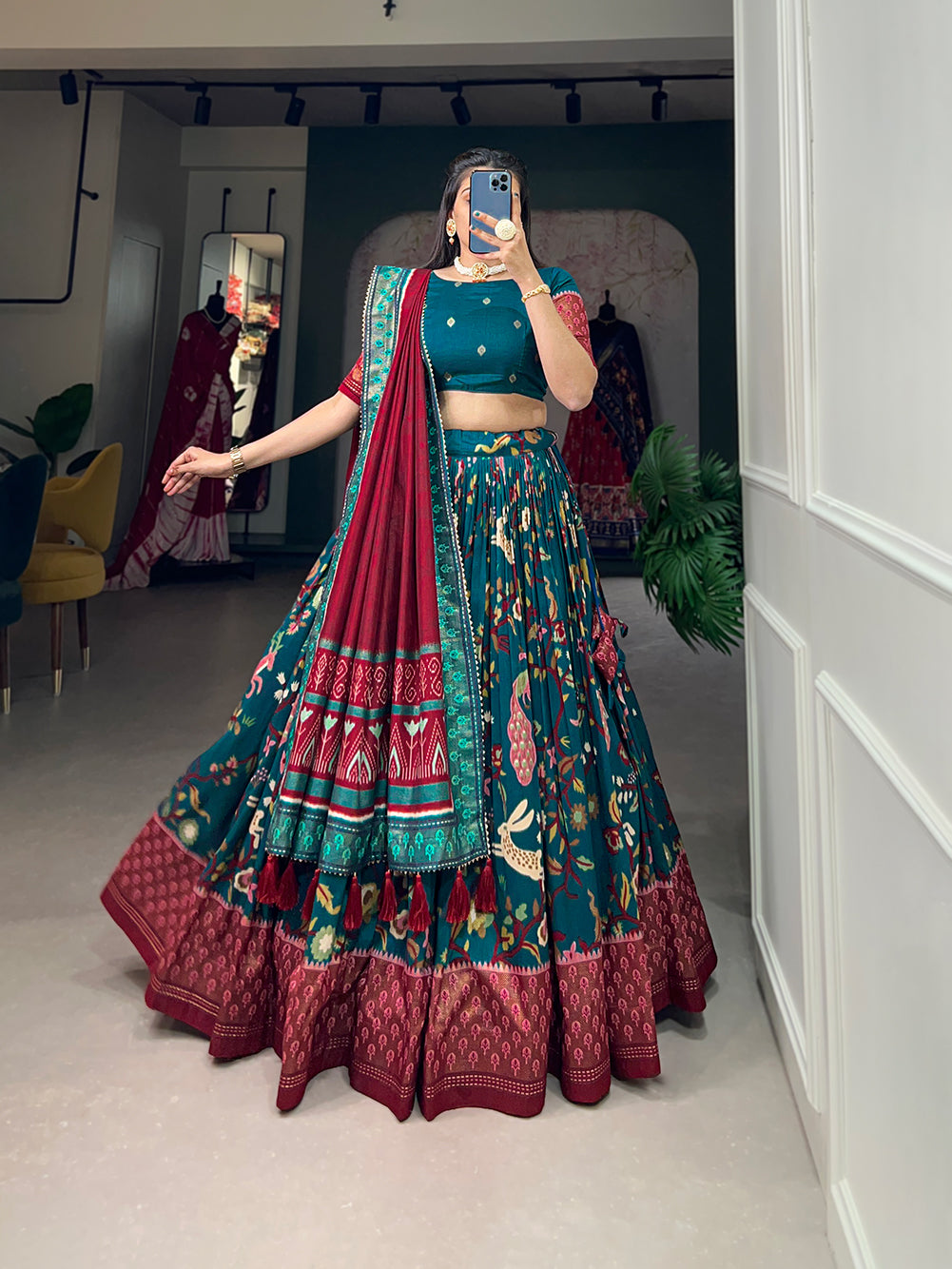 Designer Semi-Stitched Tussar Silk Lehenga Choli | Printed Blouse & Matching Dupatta | Elegant for Wedding, Festival, Reception & Party