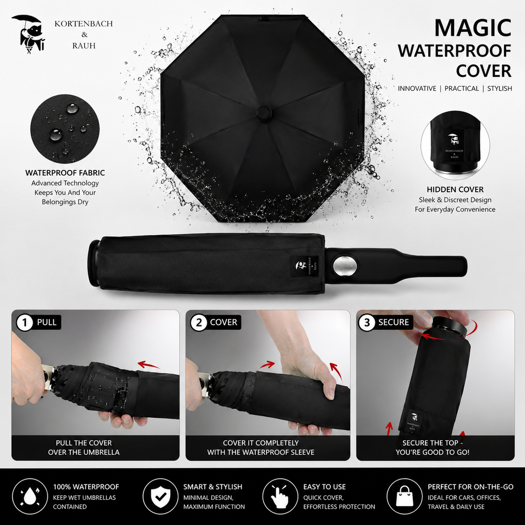Smart Waterproof Umbrella with Hidden Cover, Premium Compact Waterproof – No-Drip Cover