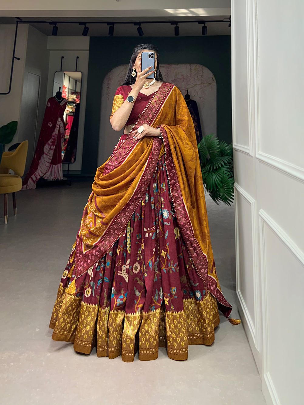Designer Semi-Stitched Tussar Silk Lehenga Choli | Printed Blouse & Matching Dupatta | Elegant for Wedding, Festival, Reception & Party
