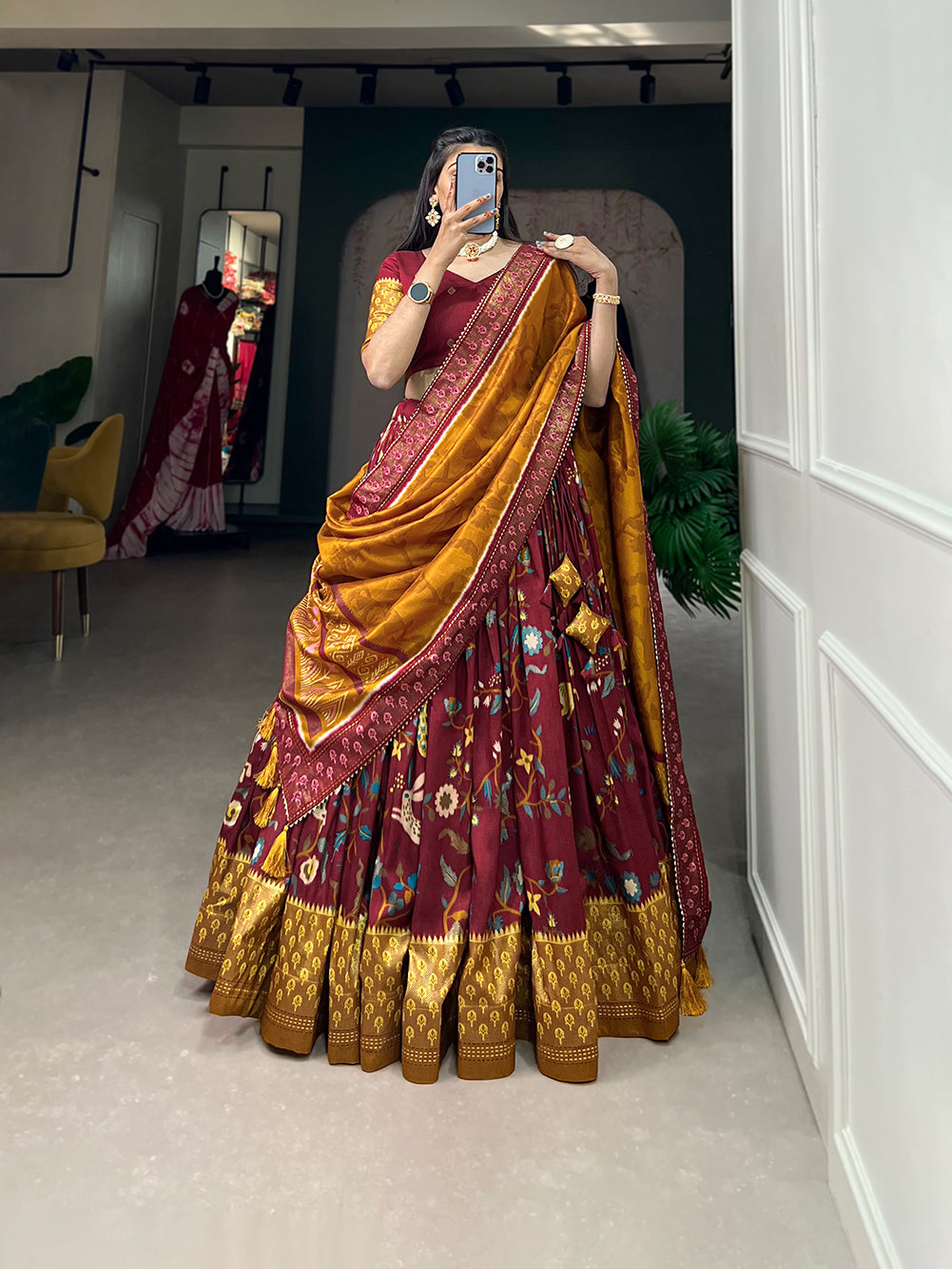 Designer Semi-Stitched Tussar Silk Lehenga Choli | Printed Blouse & Matching Dupatta | Elegant for Wedding, Festival, Reception & Party