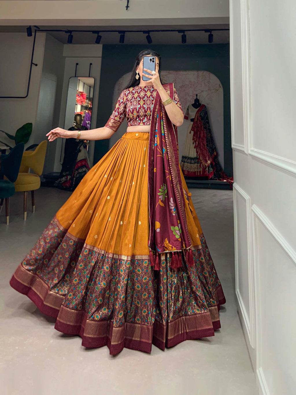 Designer Semi-Stitched Tussar Silk Lehenga Choli | Printed Blouse & Matching Dupatta | Elegant for Wedding, Festival, Reception & Party