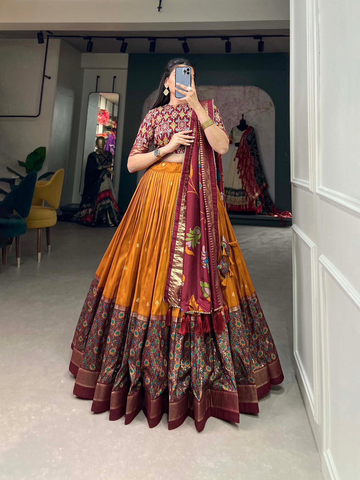 Designer Semi-Stitched Tussar Silk Lehenga Choli | Printed Blouse & Matching Dupatta | Elegant for Wedding, Festival, Reception & Party