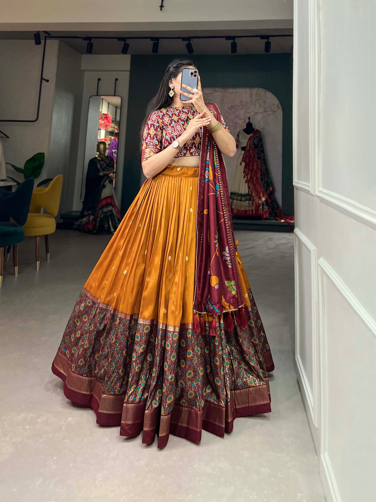 Designer Semi-Stitched Tussar Silk Lehenga Choli | Printed Blouse & Matching Dupatta | Elegant for Wedding, Festival, Reception & Party
