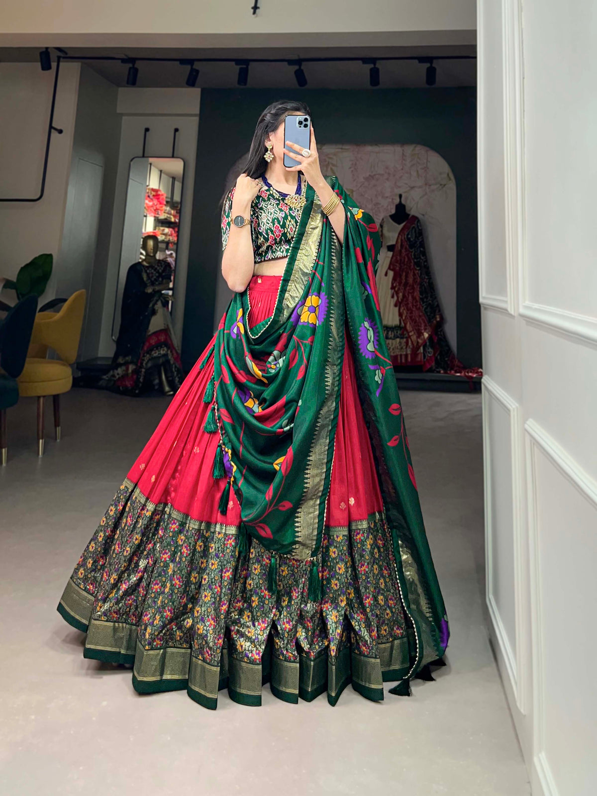 Designer Semi-Stitched Tussar Silk Lehenga Choli | Printed Blouse & Matching Dupatta | Elegant for Wedding, Festival, Reception & Party