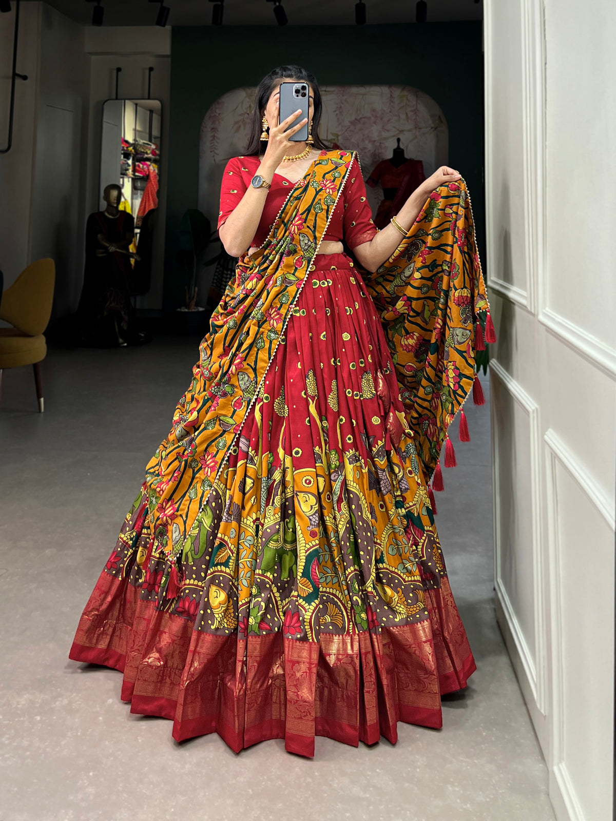 Designer Semi-Stitched Tussar Silk Lehenga Choli | Printed Blouse & Matching Dupatta | Elegant for Wedding, Festival, Reception & Party