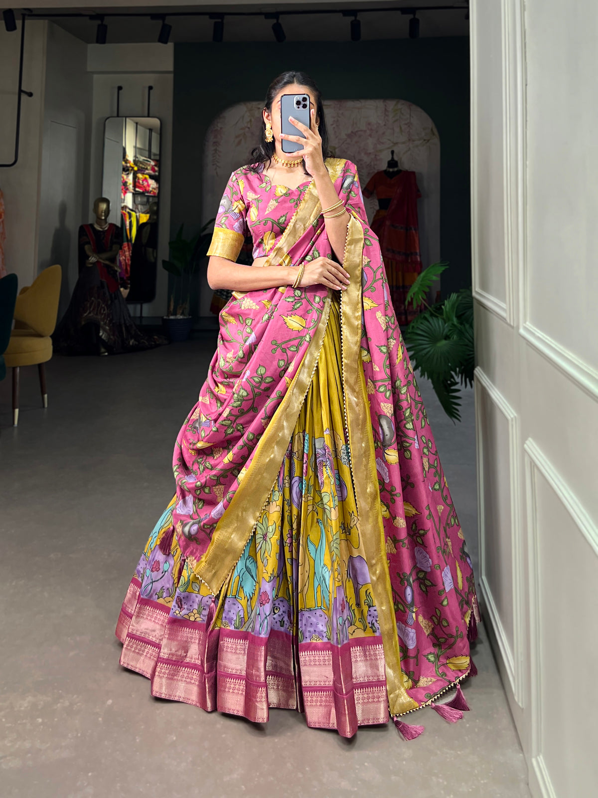 Designer Semi-Stitched Tussar Silk Lehenga Choli | Printed Blouse & Matching Dupatta | Elegant for Wedding, Festival, Reception & Party