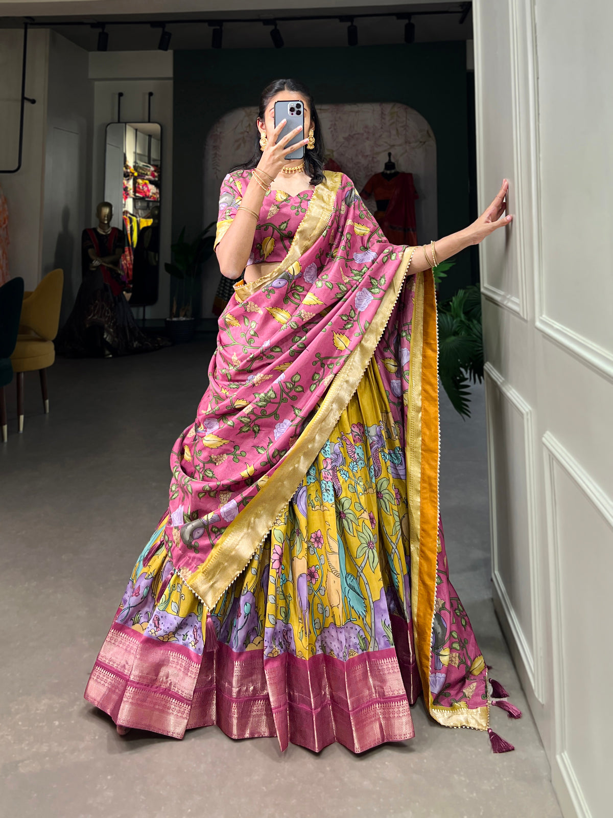 Designer Semi-Stitched Tussar Silk Lehenga Choli | Printed Blouse & Matching Dupatta | Elegant for Wedding, Festival, Reception & Party