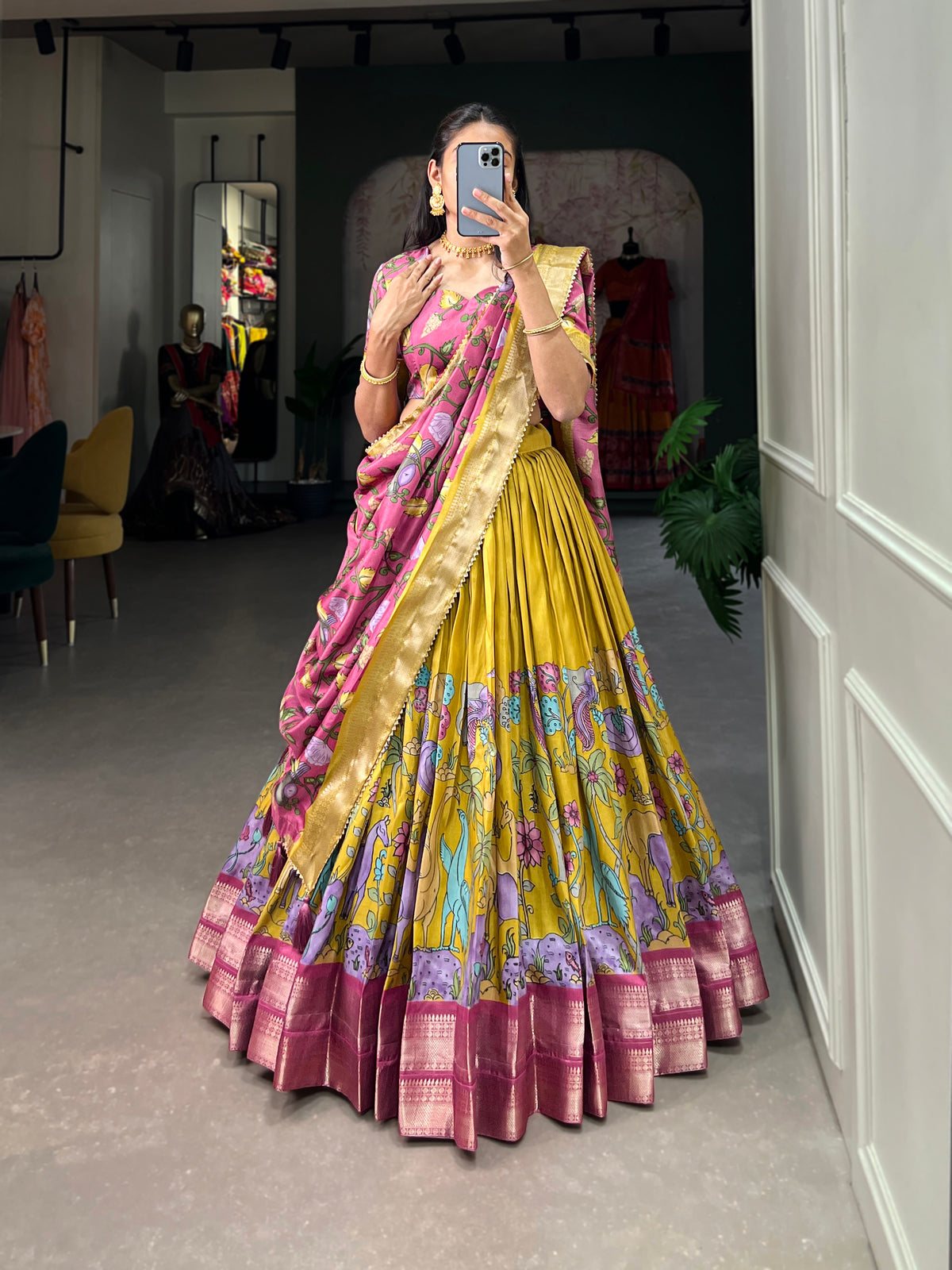 Designer Semi-Stitched Tussar Silk Lehenga Choli | Printed Blouse & Matching Dupatta | Elegant for Wedding, Festival, Reception & Party
