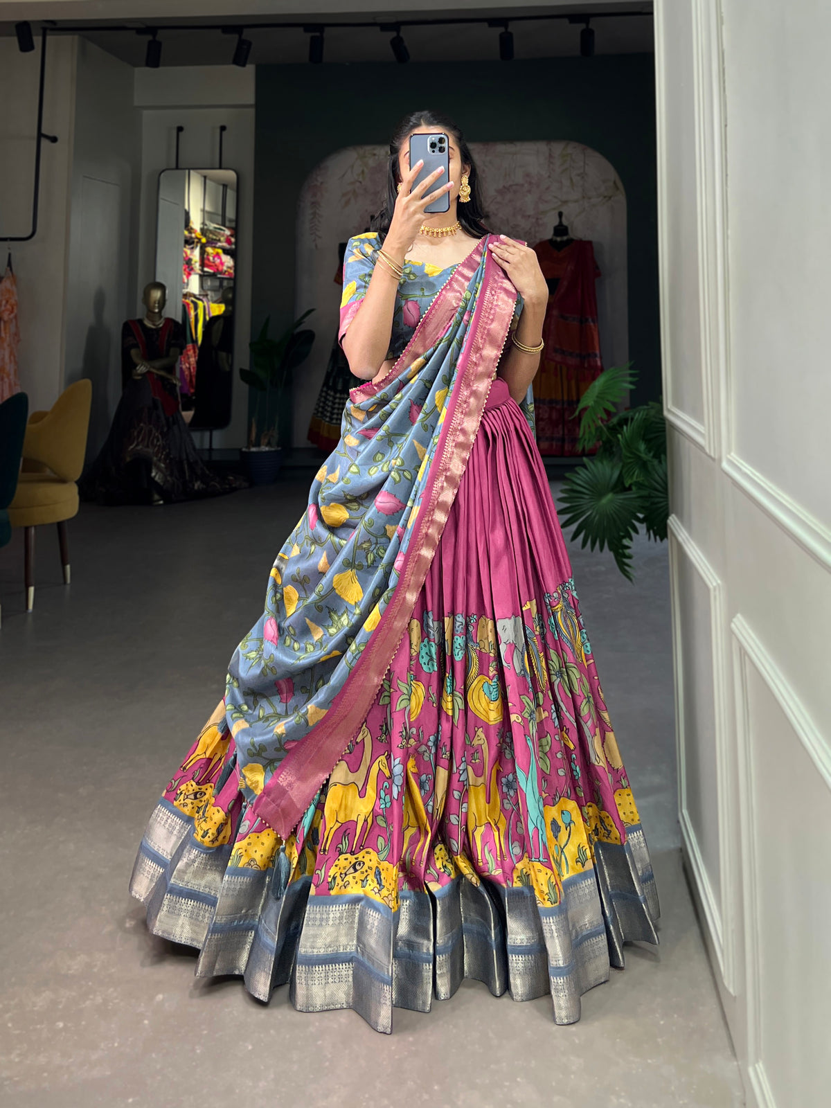 Designer Semi-Stitched Tussar Silk Lehenga Choli | Printed Blouse & Matching Dupatta | Elegant for Wedding, Festival, Reception & Party