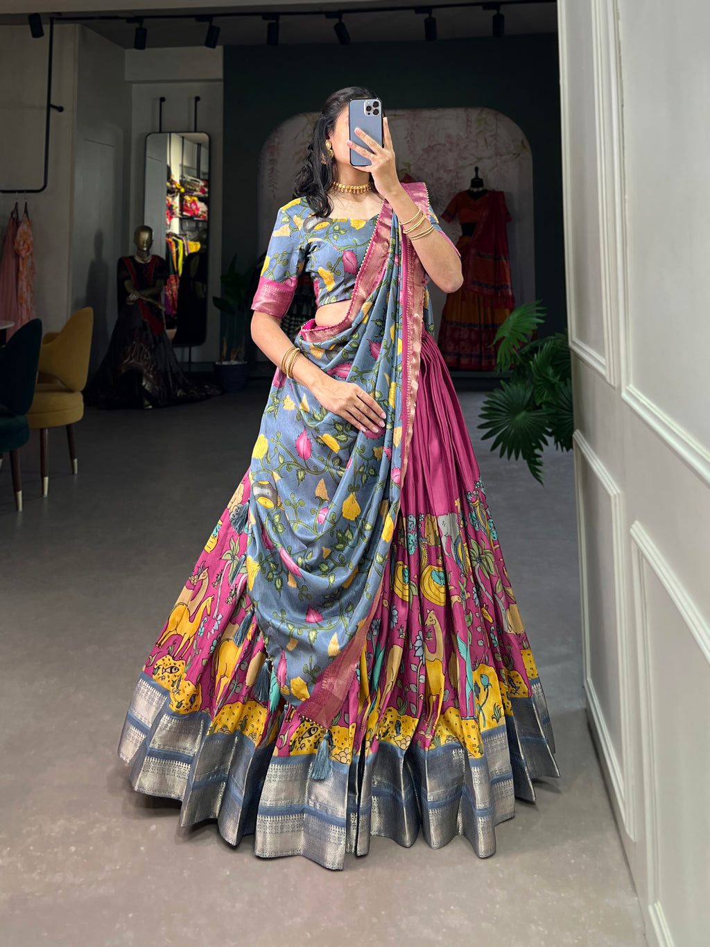 Designer Semi-Stitched Tussar Silk Lehenga Choli | Printed Blouse & Matching Dupatta | Elegant for Wedding, Festival, Reception & Party