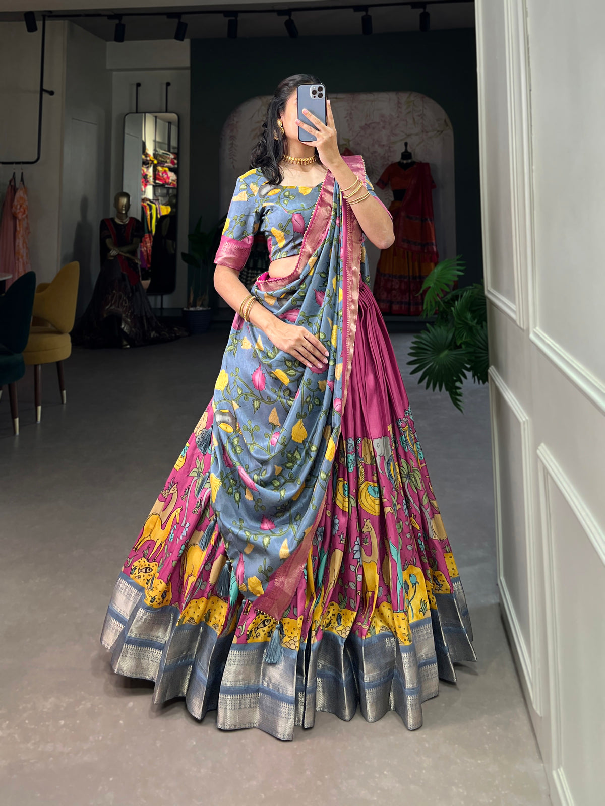 Designer Semi-Stitched Tussar Silk Lehenga Choli | Printed Blouse & Matching Dupatta | Elegant for Wedding, Festival, Reception & Party