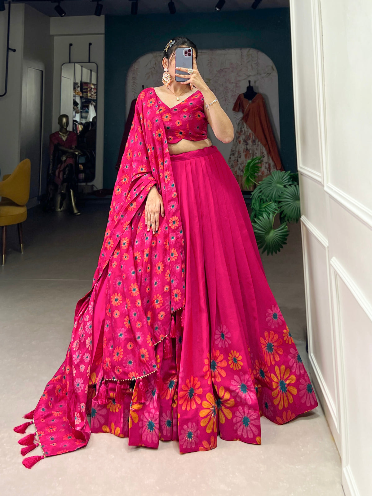 Designer Semi-Stitched Tussar Silk Lehenga Choli | Printed Blouse & Matching Dupatta | Elegant for Wedding, Festival, Reception & Party