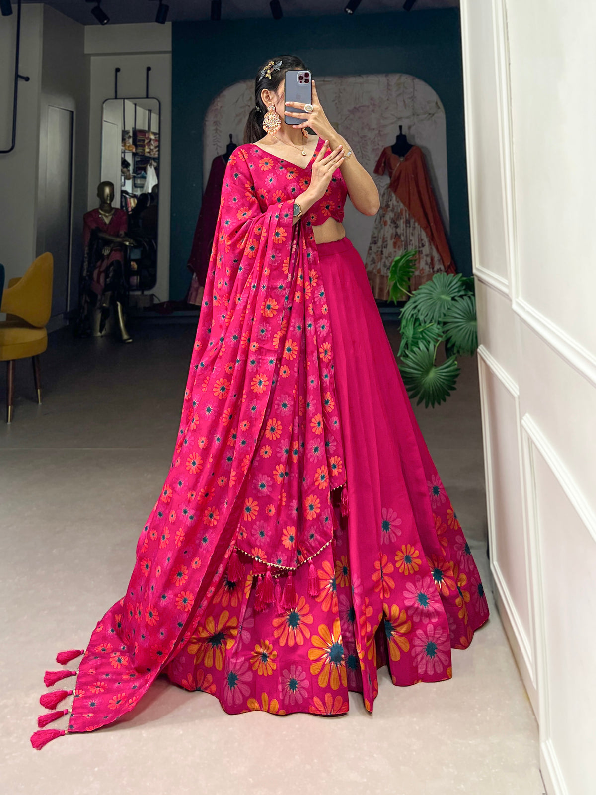 Designer Semi-Stitched Tussar Silk Lehenga Choli | Printed Blouse & Matching Dupatta | Elegant for Wedding, Festival, Reception & Party