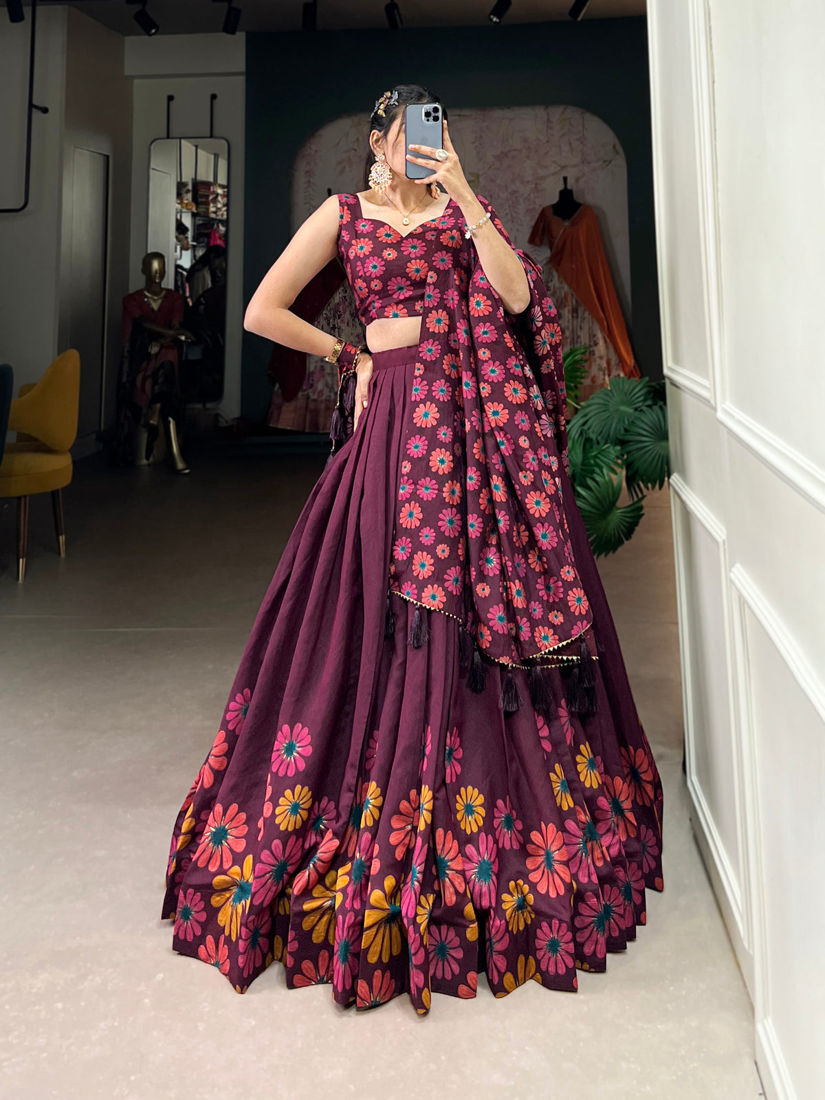 Designer Semi-Stitched Tussar Silk Lehenga Choli | Printed Blouse & Matching Dupatta | Elegant for Wedding, Festival, Reception & Party