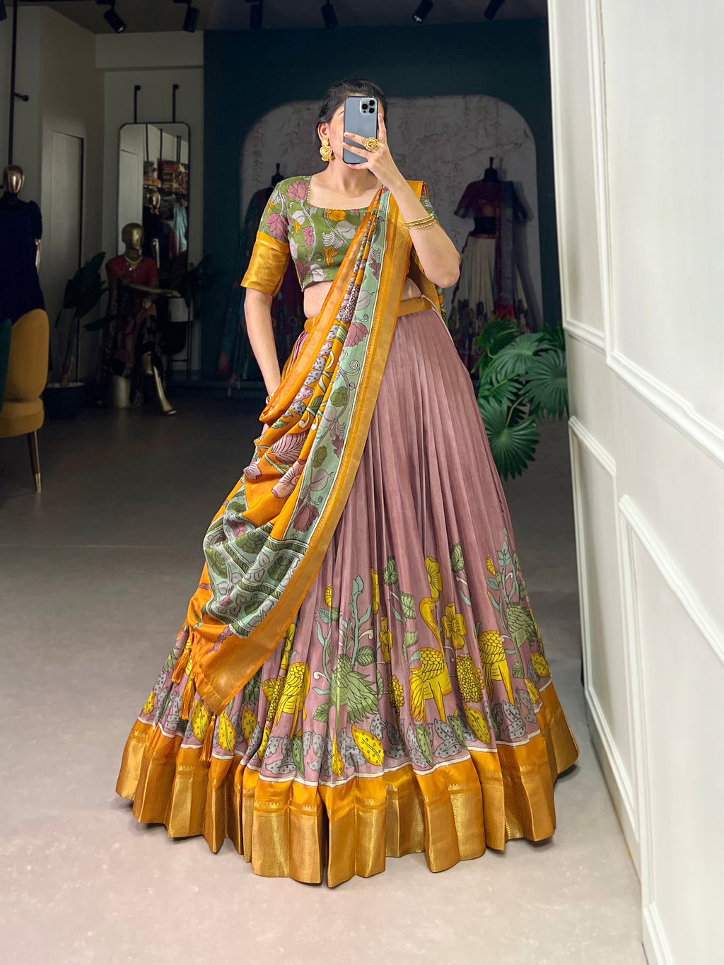 Designer Semi-Stitched Tussar Silk Lehenga Choli | Printed Blouse & Matching Dupatta | Elegant for Wedding, Festival, Reception & Party