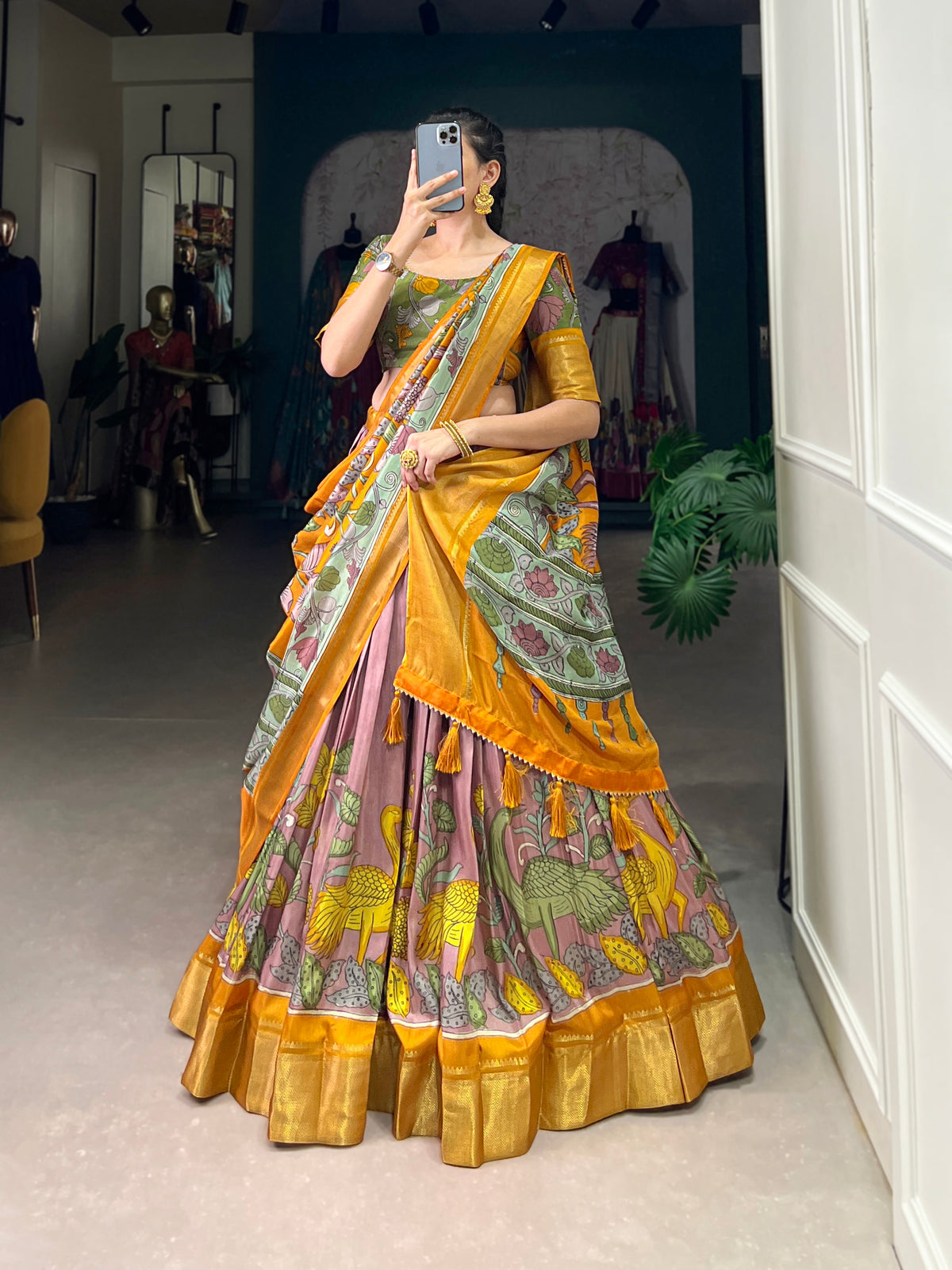 Designer Semi-Stitched Tussar Silk Lehenga Choli | Printed Blouse & Matching Dupatta | Elegant for Wedding, Festival, Reception & Party