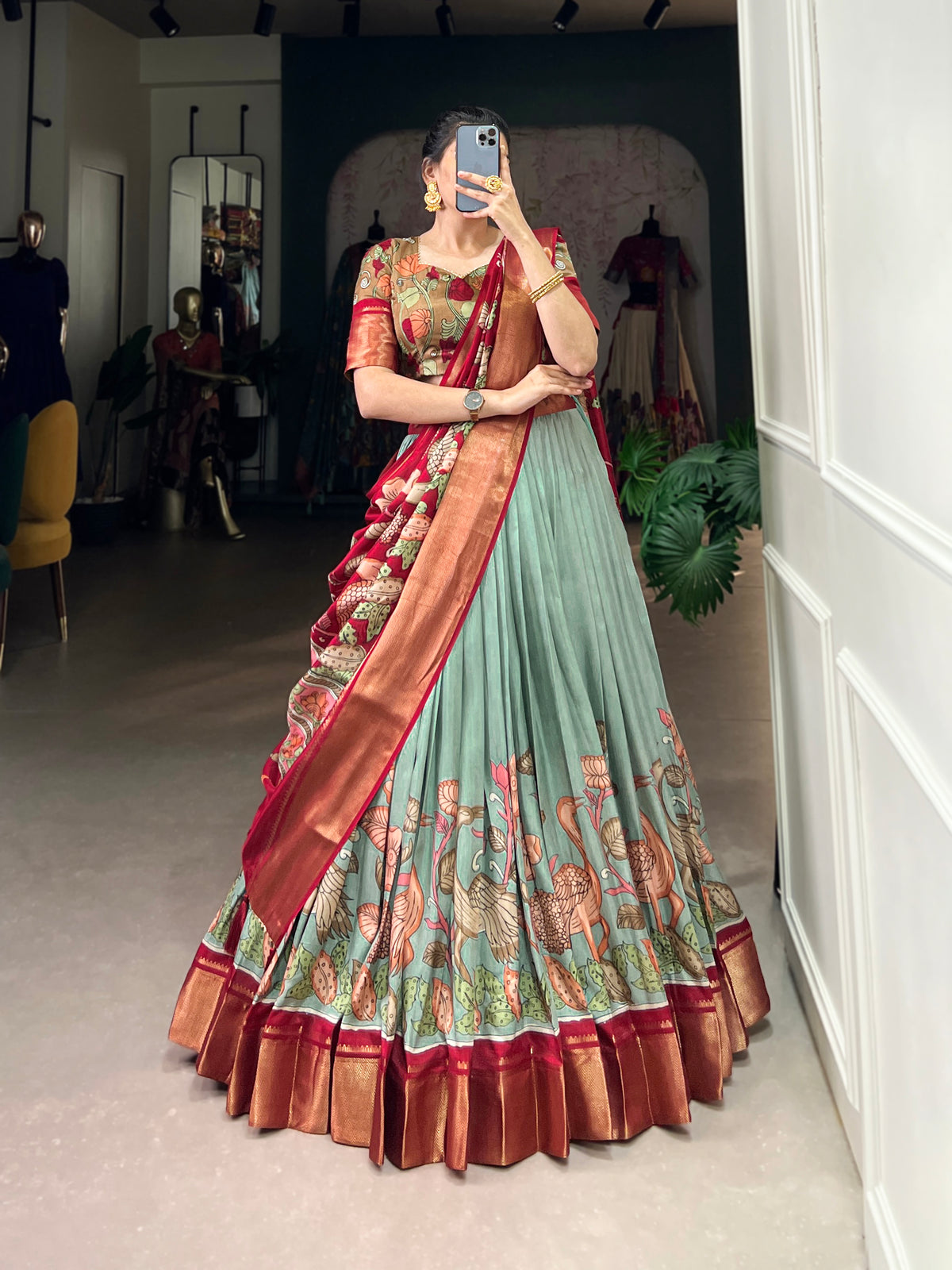 Designer Semi-Stitched Tussar Silk Lehenga Choli | Printed Blouse & Matching Dupatta | Elegant for Wedding, Festival, Reception & Party