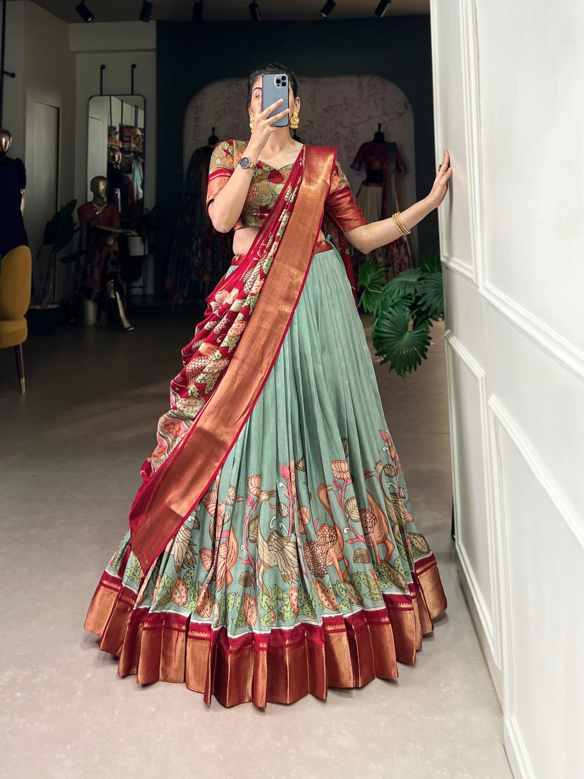Designer Semi-Stitched Tussar Silk Lehenga Choli | Printed Blouse & Matching Dupatta | Elegant for Wedding, Festival, Reception & Party