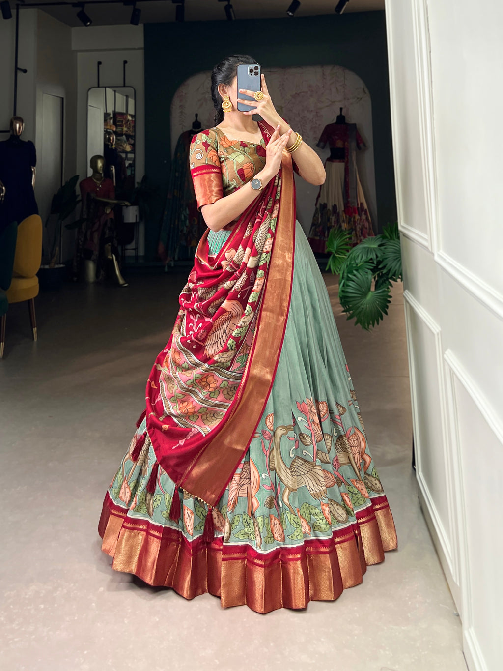 Designer Semi-Stitched Tussar Silk Lehenga Choli | Printed Blouse & Matching Dupatta | Elegant for Wedding, Festival, Reception & Party