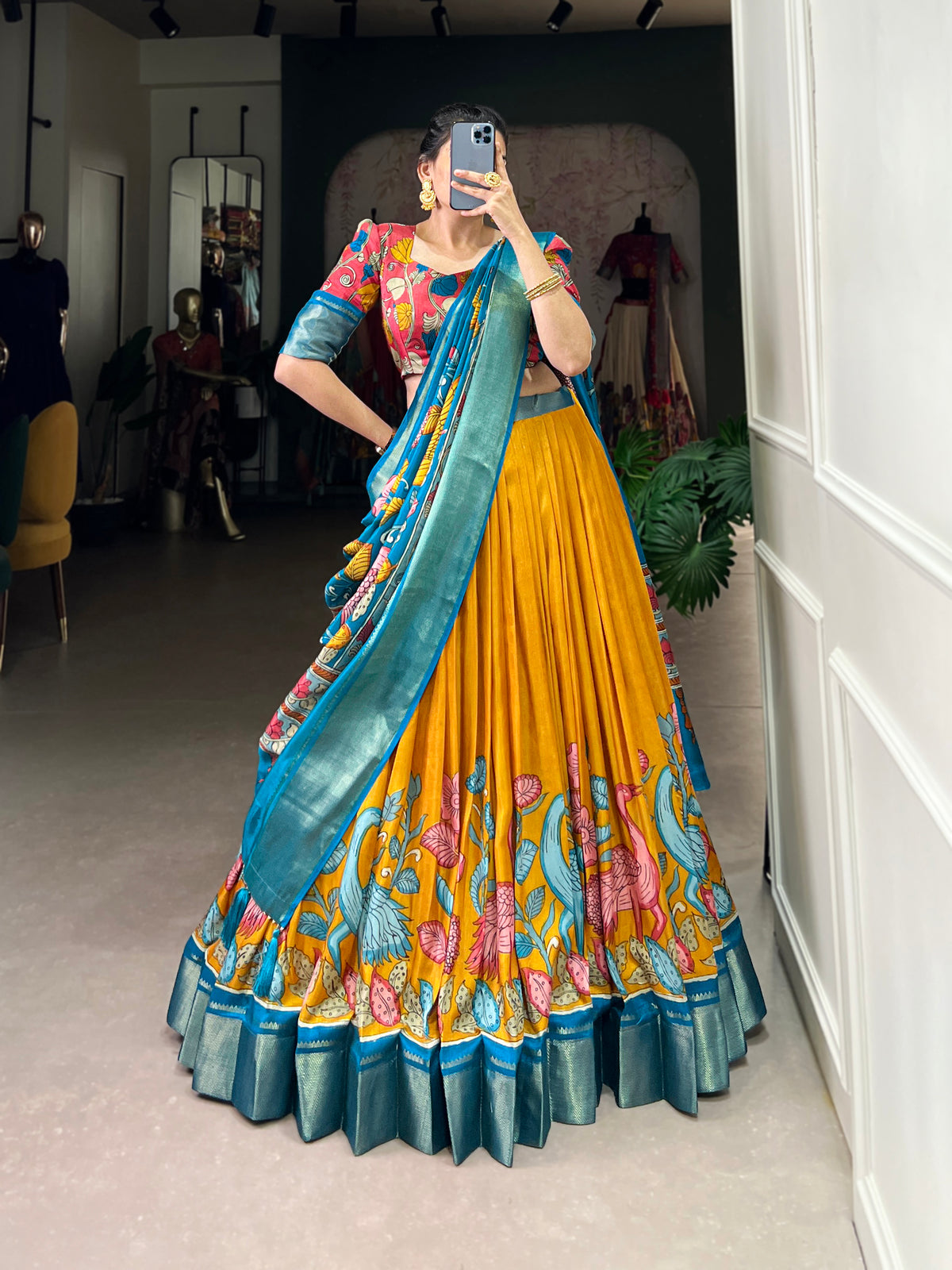 Designer Semi-Stitched Tussar Silk Lehenga Choli | Printed Blouse & Matching Dupatta | Elegant for Wedding, Festival, Reception & Party