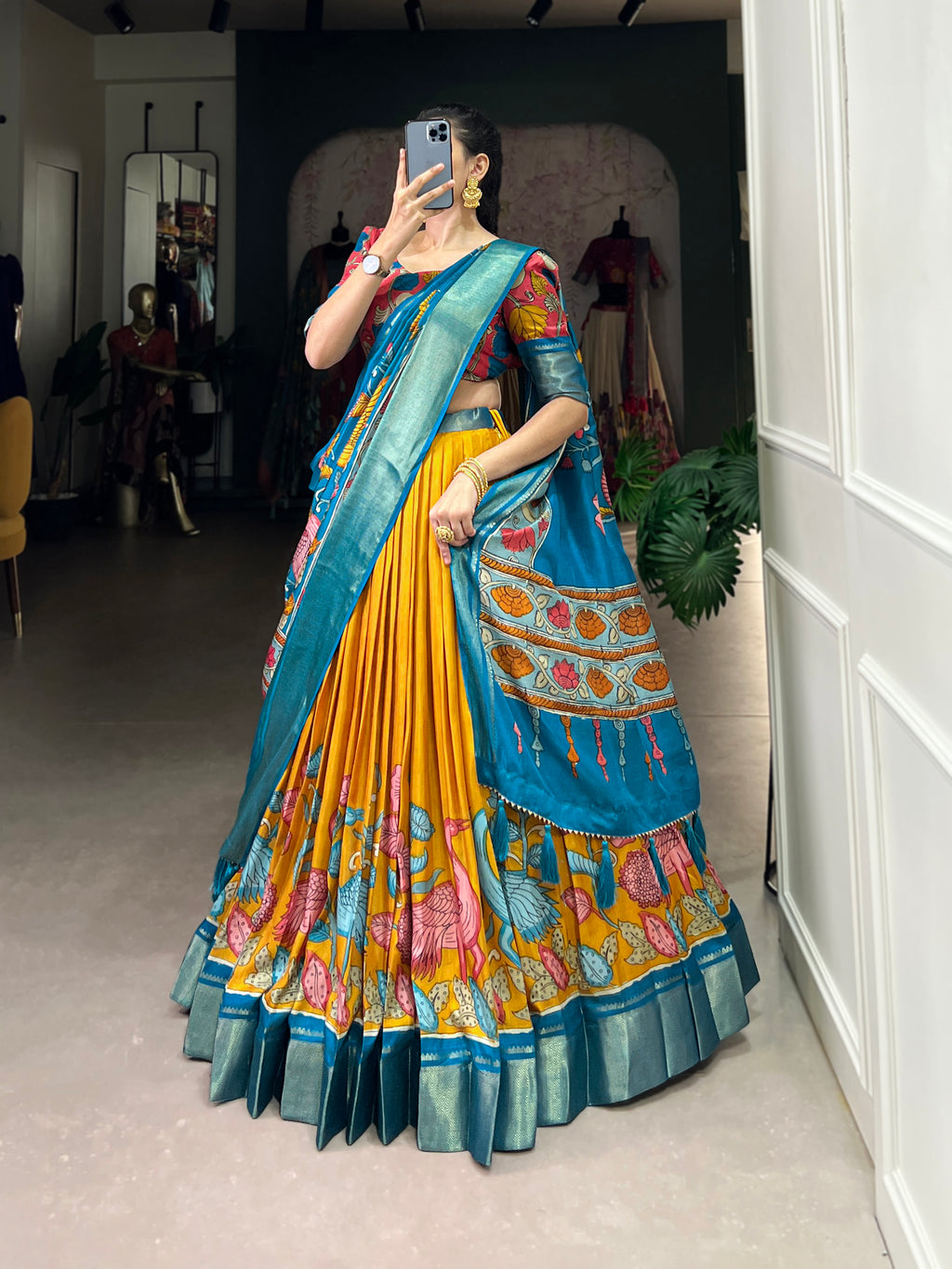 Designer Semi-Stitched Tussar Silk Lehenga Choli | Printed Blouse & Matching Dupatta | Elegant for Wedding, Festival, Reception & Party