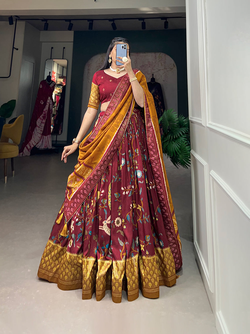 Designer Semi-Stitched Tussar Silk Lehenga Choli | Printed Blouse & Matching Dupatta | Elegant for Wedding, Festival, Reception & Party