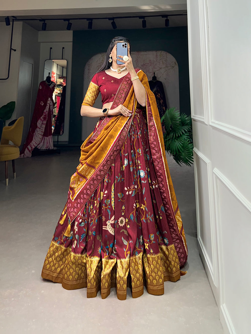 Designer Semi-Stitched Tussar Silk Lehenga Choli | Printed Blouse & Matching Dupatta | Elegant for Wedding, Festival, Reception & Party