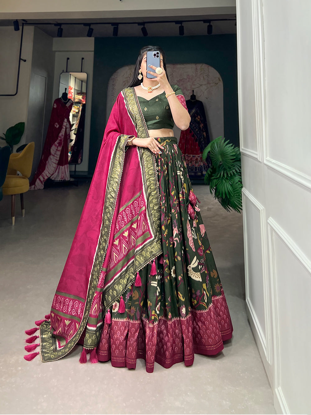 Designer Semi-Stitched Tussar Silk Lehenga Choli | Printed Blouse & Matching Dupatta | Elegant for Wedding, Festival, Reception & Party