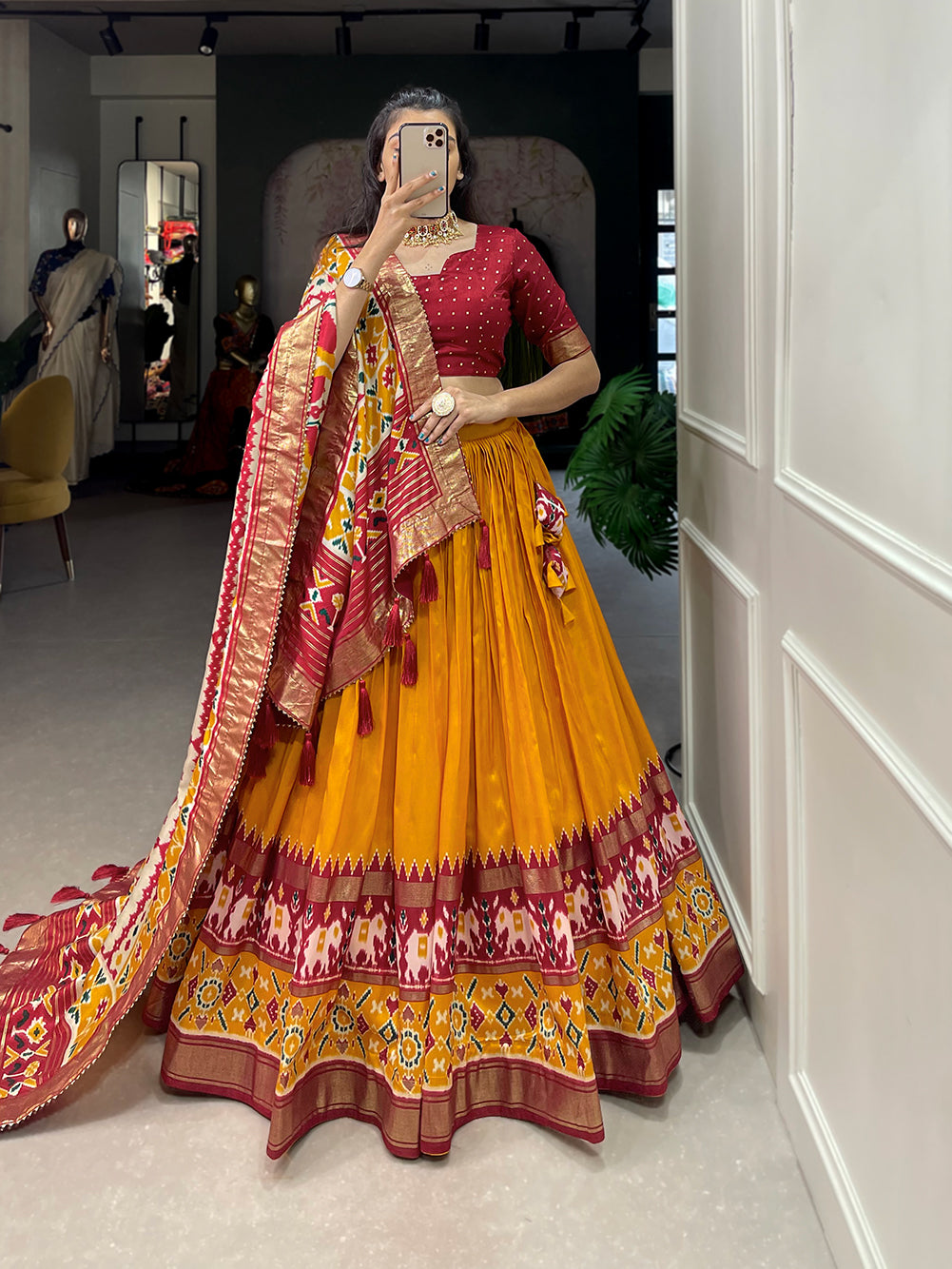 Designer Semi-Stitched Tussar Silk Lehenga Choli | Printed Blouse & Matching Dupatta | Elegant for Wedding, Festival, Reception & Party