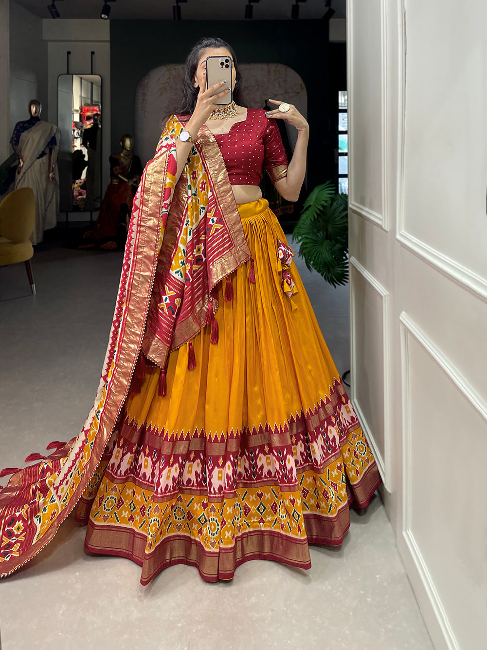 Designer Semi-Stitched Tussar Silk Lehenga Choli | Printed Blouse & Matching Dupatta | Elegant for Wedding, Festival, Reception & Party