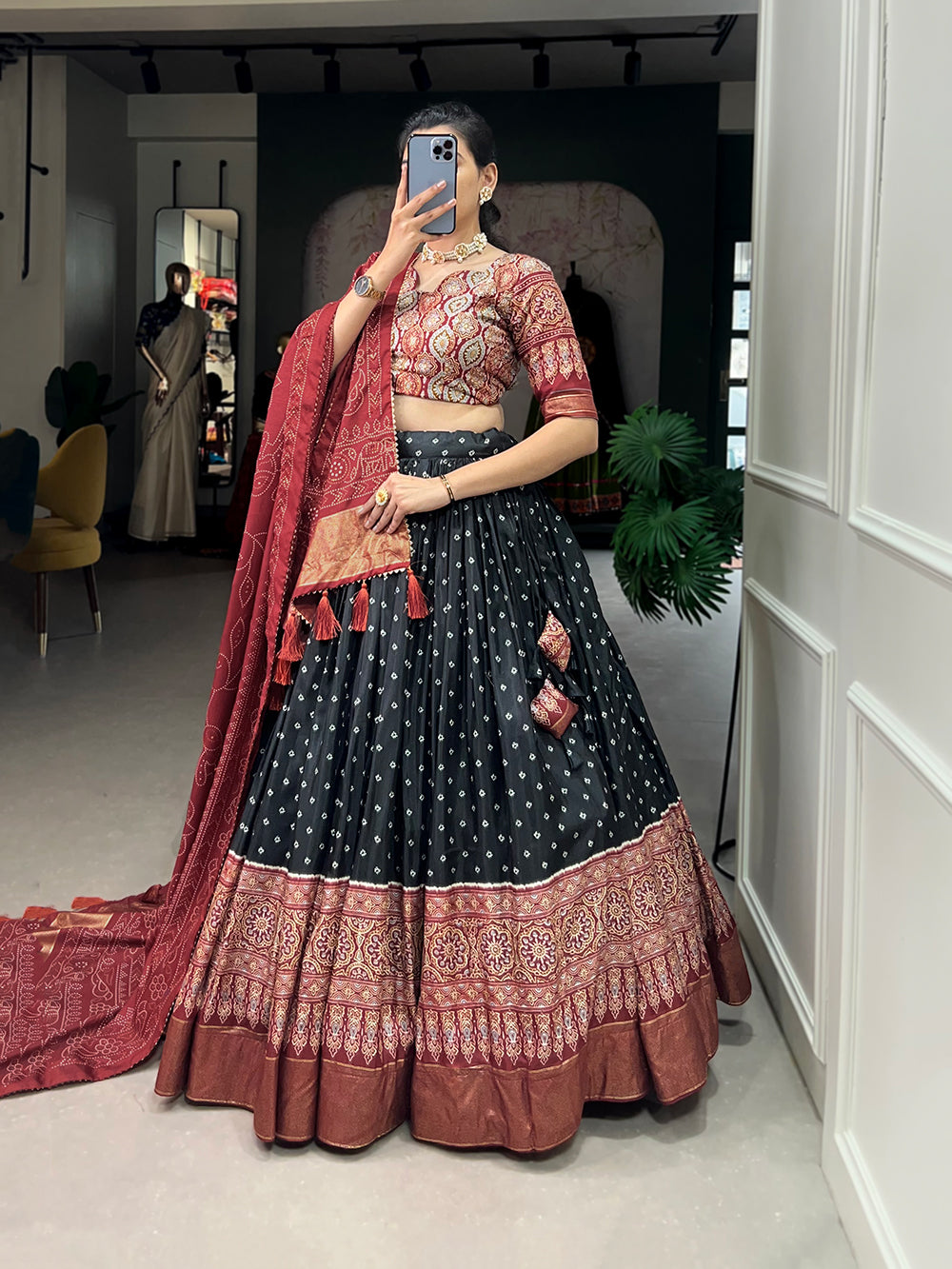 Designer Semi-Stitched Tussar Silk Lehenga Choli | Printed Blouse & Matching Dupatta | Elegant for Wedding, Festival, Reception & Party
