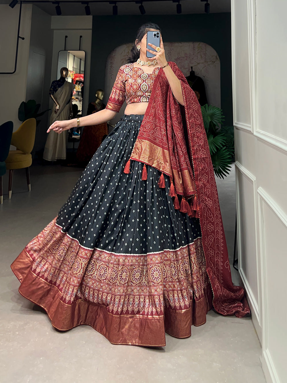 Designer Semi-Stitched Tussar Silk Lehenga Choli | Printed Blouse & Matching Dupatta | Elegant for Wedding, Festival, Reception & Party