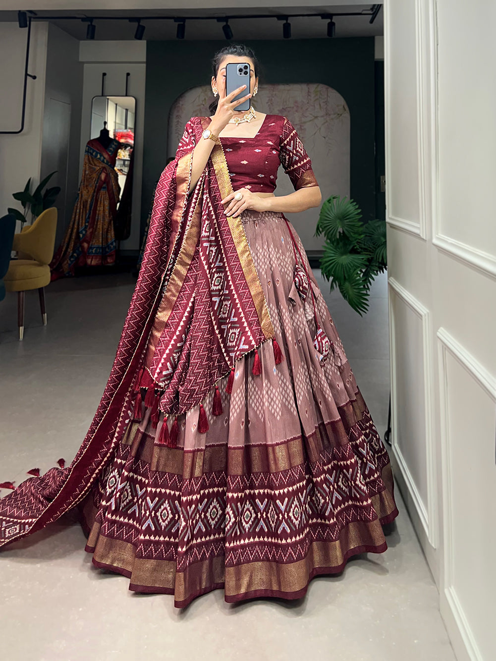 Designer Semi-Stitched Tussar Silk Lehenga Choli | Printed Blouse & Matching Dupatta | Elegant for Wedding, Festival, Reception & Party