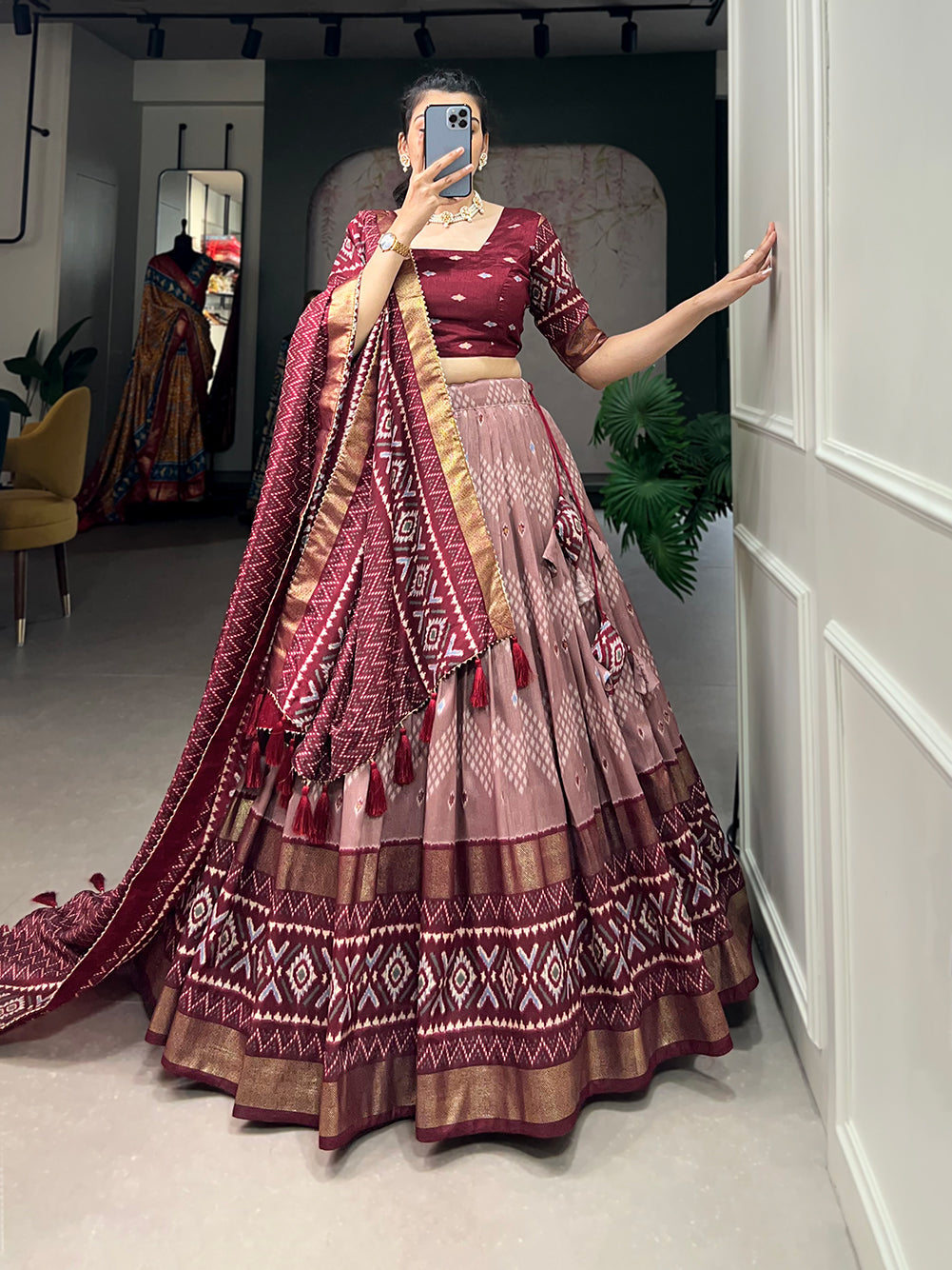Designer Semi-Stitched Tussar Silk Lehenga Choli | Printed Blouse & Matching Dupatta | Elegant for Wedding, Festival, Reception & Party