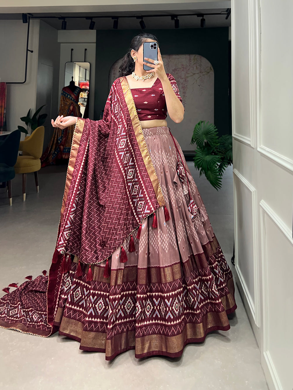 Designer Semi-Stitched Tussar Silk Lehenga Choli | Printed Blouse & Matching Dupatta | Elegant for Wedding, Festival, Reception & Party