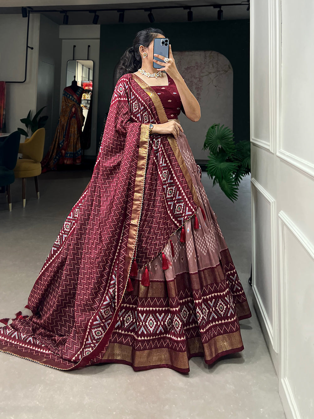 Designer Semi-Stitched Tussar Silk Lehenga Choli | Printed Blouse & Matching Dupatta | Elegant for Wedding, Festival, Reception & Party