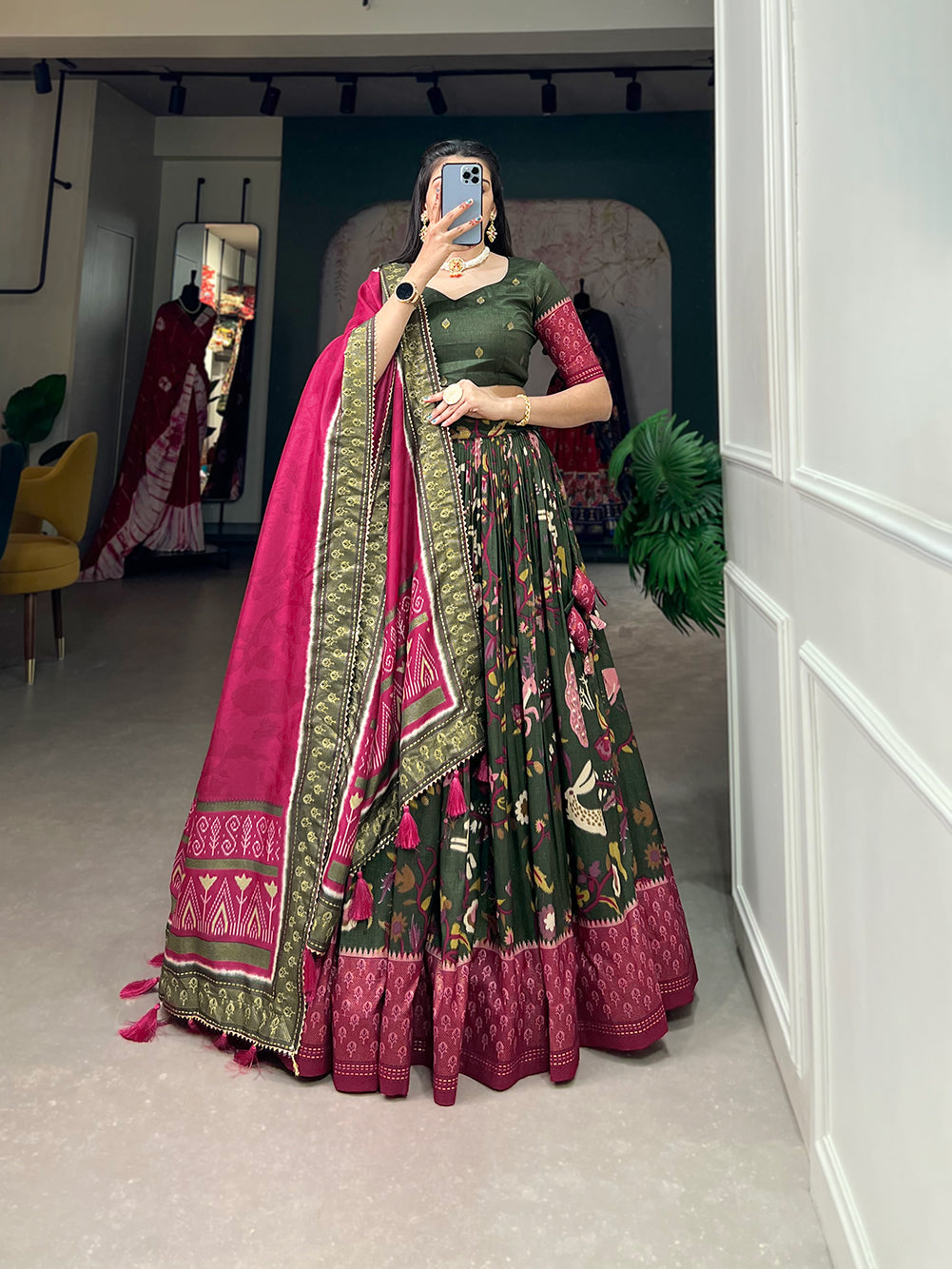 Designer Semi-Stitched Tussar Silk Lehenga Choli | Printed Blouse & Matching Dupatta | Elegant for Wedding, Festival, Reception & Party