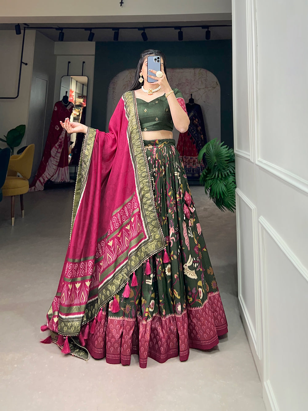 Designer Semi-Stitched Tussar Silk Lehenga Choli | Printed Blouse & Matching Dupatta | Elegant for Wedding, Festival, Reception & Party