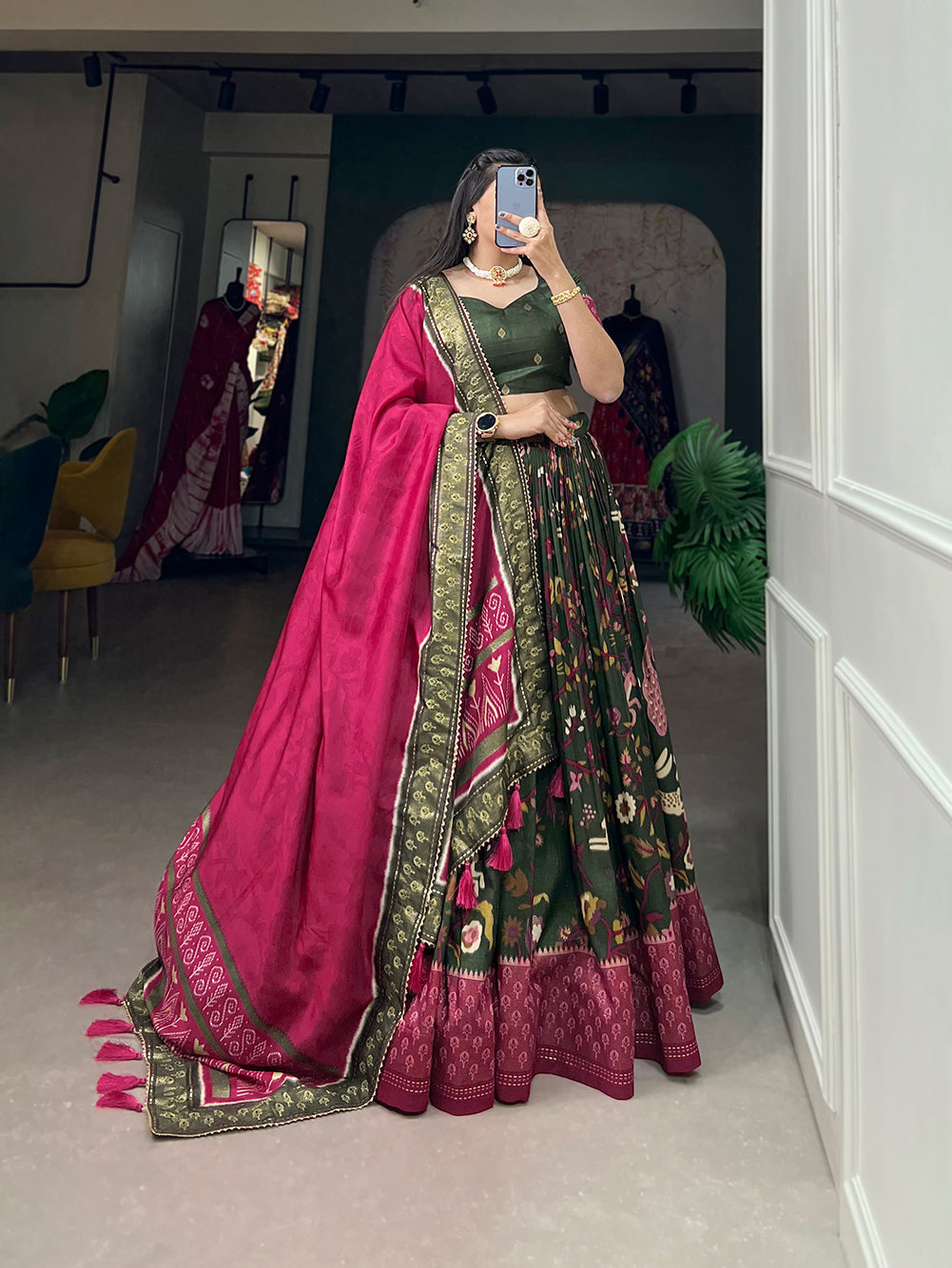 Designer Semi-Stitched Tussar Silk Lehenga Choli | Printed Blouse & Matching Dupatta | Elegant for Wedding, Festival, Reception & Party