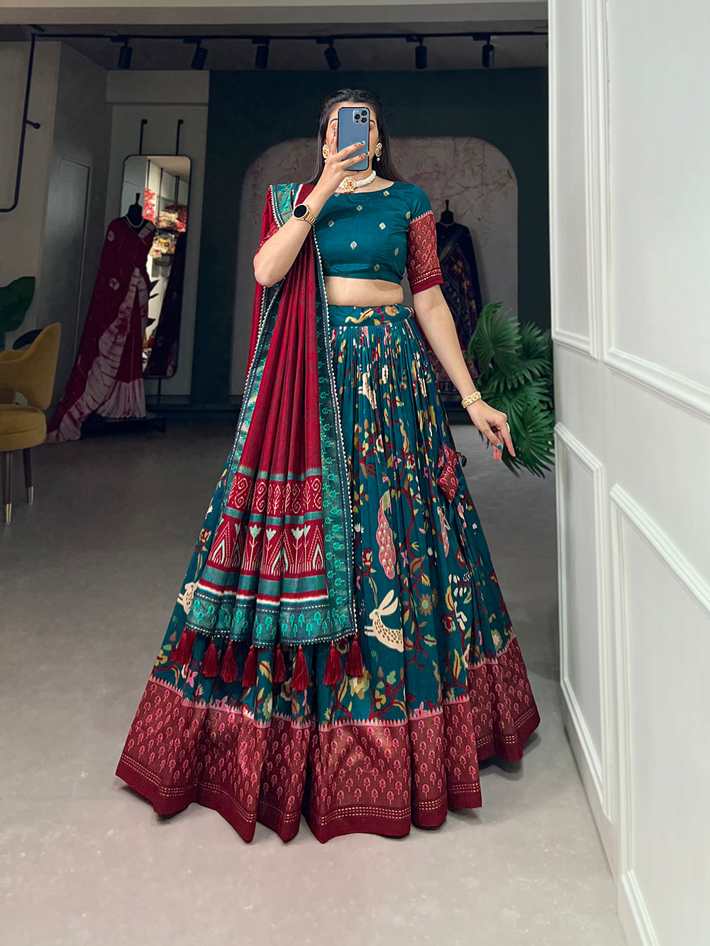 Designer Semi-Stitched Tussar Silk Lehenga Choli | Printed Blouse & Matching Dupatta | Elegant for Wedding, Festival, Reception & Party