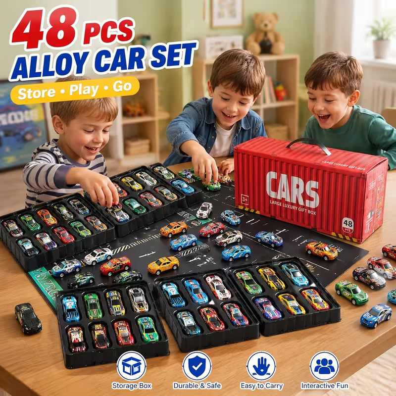48 PCS Pull Car Container Toy Set for Kids – Alloy Die Cast Racing Cars with Storage Truck Case, Foldable Play Mat Road Map, Friction Powered Mini Vehicle Toys for Boys & Girls Age 3+