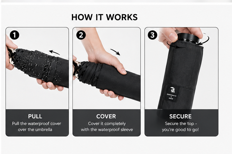 Smart Waterproof Umbrella with Hidden Cover, Premium Compact Waterproof – No-Drip Cover