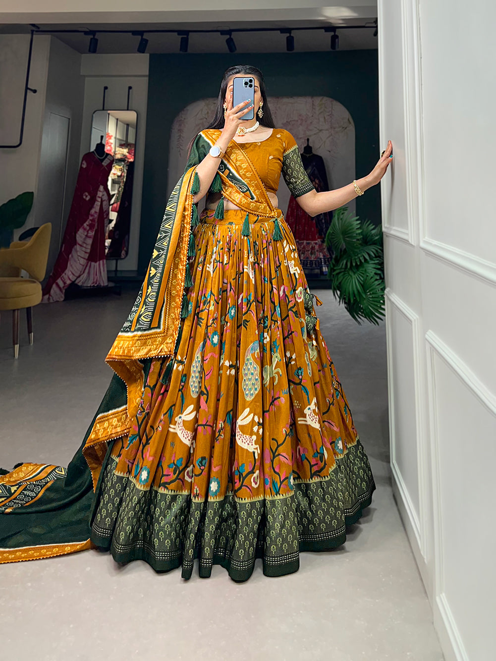 Designer Semi-Stitched Tussar Silk Lehenga Choli | Printed Blouse & Matching Dupatta | Elegant for Wedding, Festival, Reception & Party