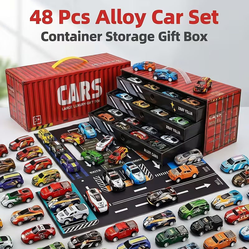 48 PCS Pull Car Container Toy Set for Kids – Alloy Die Cast Racing Cars with Storage Truck Case, Foldable Play Mat Road Map, Friction Powered Mini Vehicle Toys for Boys & Girls Age 3+