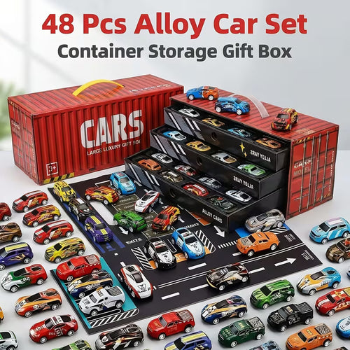 48 PCS Pull Car Container Toy Set for Kids – Alloy Die Cast Racing Cars with Storage Truck Case, Foldable Play Mat Road Map, Friction Powered Mini Vehicle Toys for Boys & Girls Age 3+