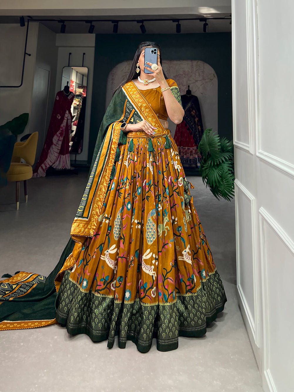 Designer Semi-Stitched Tussar Silk Lehenga Choli | Printed Blouse & Matching Dupatta | Elegant for Wedding, Festival, Reception & Party
