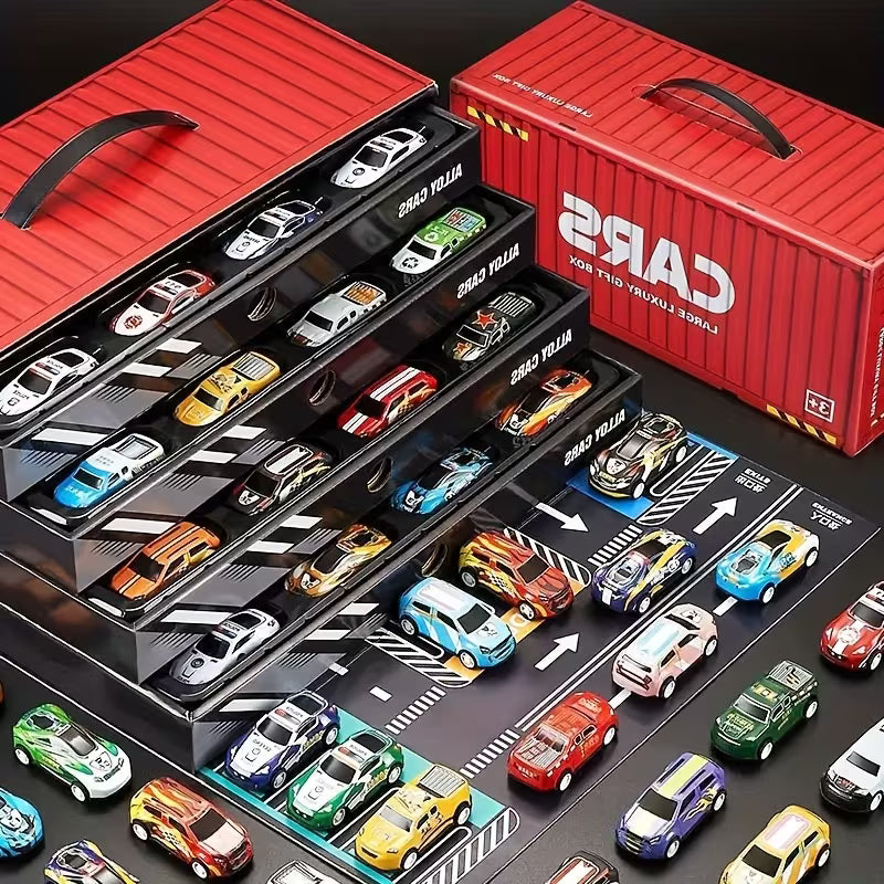 48 PCS Pull Car Container Toy Set for Kids – Alloy Die Cast Racing Cars with Storage Truck Case, Foldable Play Mat Road Map, Friction Powered Mini Vehicle Toys for Boys & Girls Age 3+