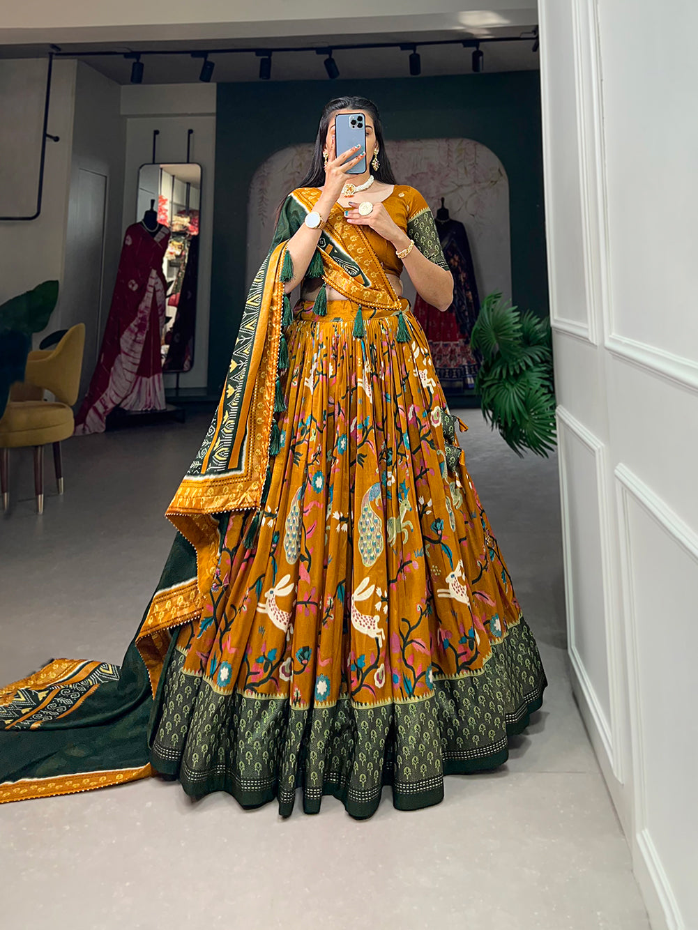 Designer Semi-Stitched Tussar Silk Lehenga Choli | Printed Blouse & Matching Dupatta | Elegant for Wedding, Festival, Reception & Party