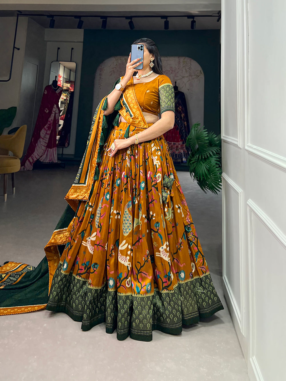 Designer Semi-Stitched Tussar Silk Lehenga Choli | Printed Blouse & Matching Dupatta | Elegant for Wedding, Festival, Reception & Party