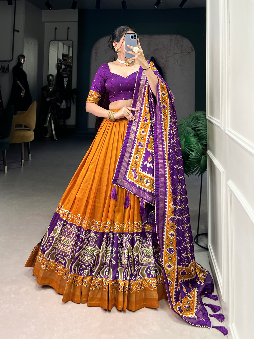 Designer Semi-Stitched Tussar Silk Lehenga Choli | Printed Blouse & Matching Dupatta | Elegant for Wedding, Festival, Reception & Party
